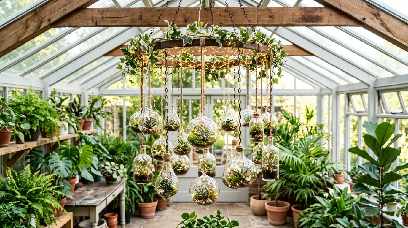 A hoop DIY chandelier decorated with greenery as a seasonal lighting centerpiece, no people