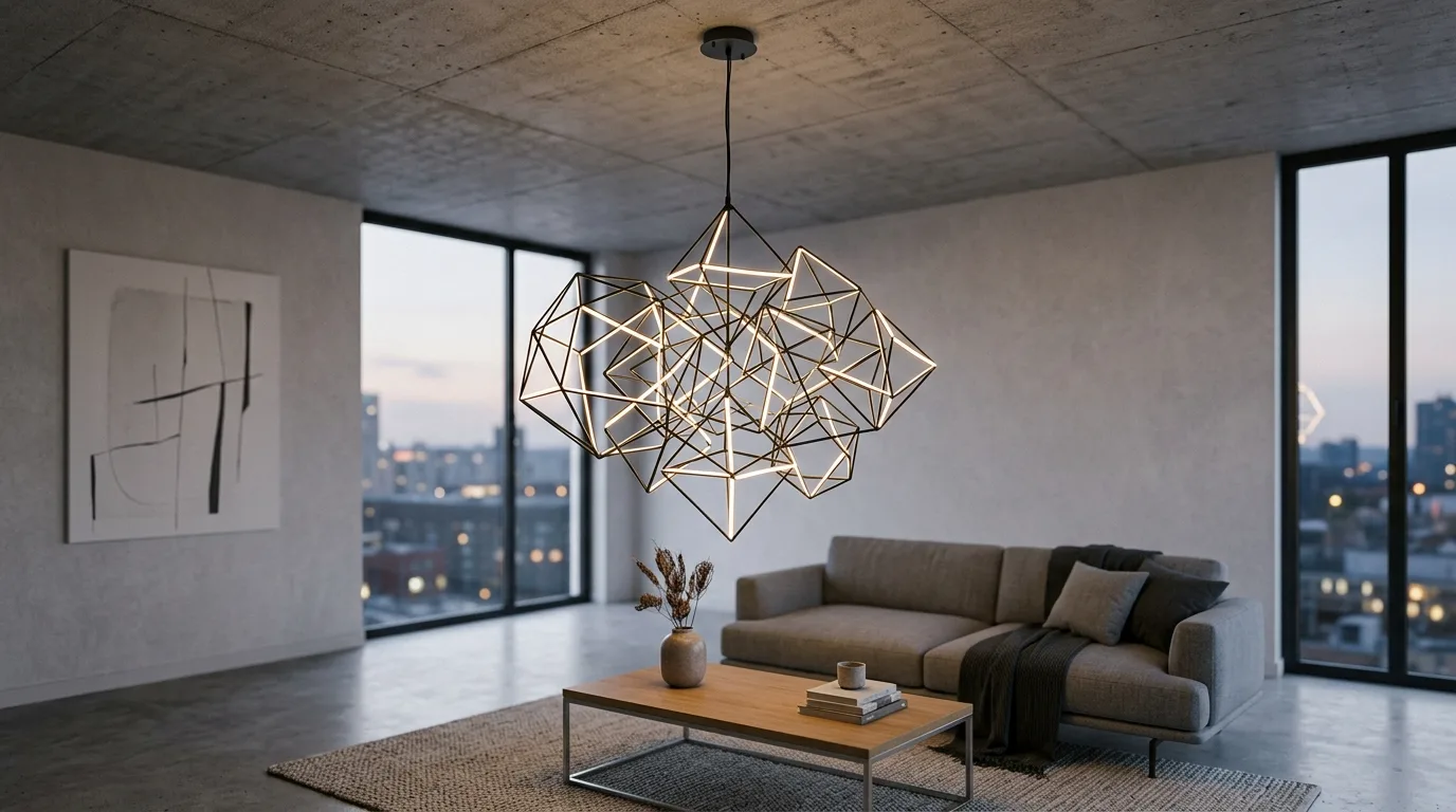 A soft white DIY chandelier with fabric shades casting a gentle glow in a refined room, no people