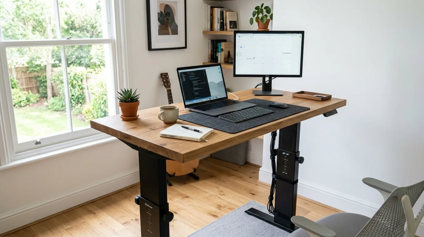 A simple DIY standing desk with wooden legs and a broad work top in a bright home office, no people