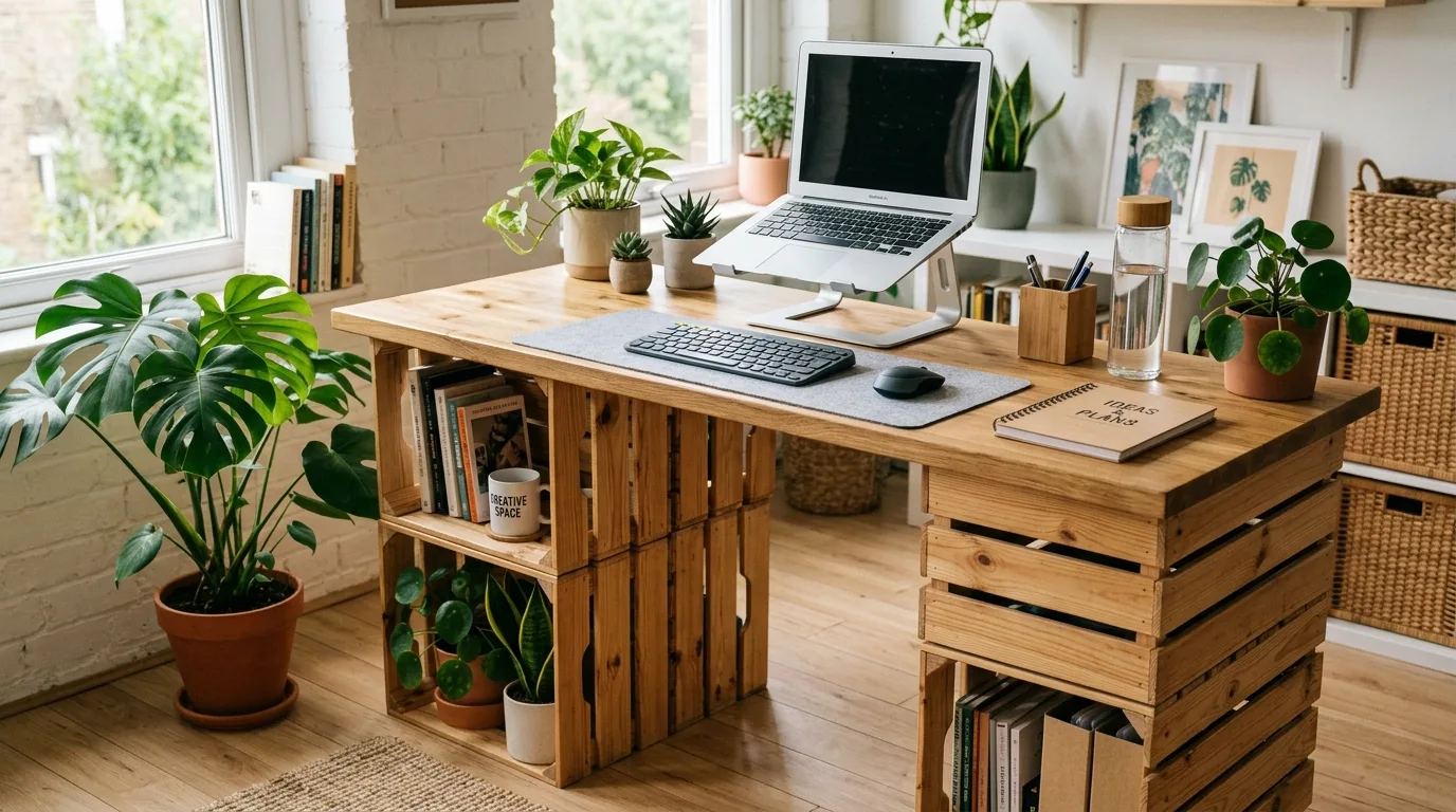 A wall mounted DIY standing desk shelf in a tiny office nook with a laptop and clean styling, no people