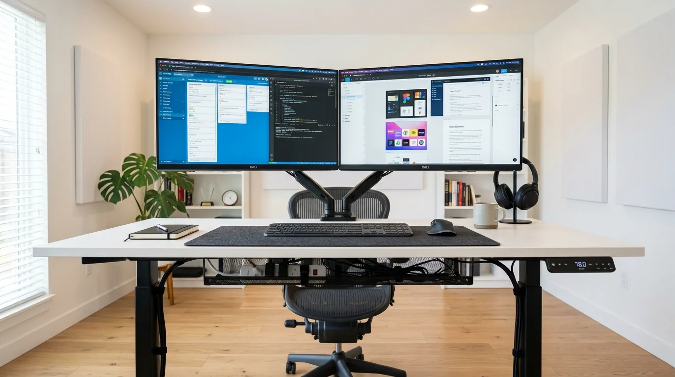 A DIY standing desk riser made from stacked wood panels on top of an existing desk, no people