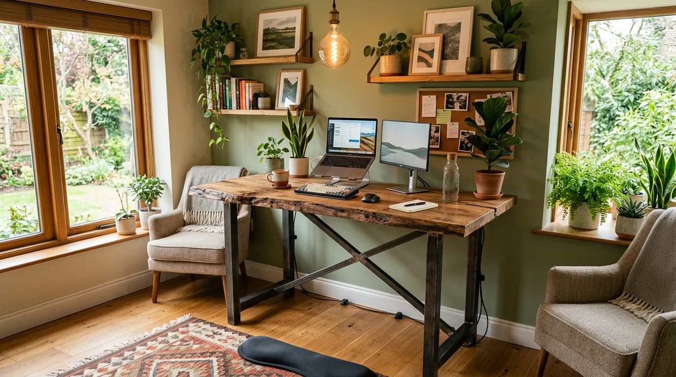 A corner DIY standing desk with dual monitors in a well organized home office, no people