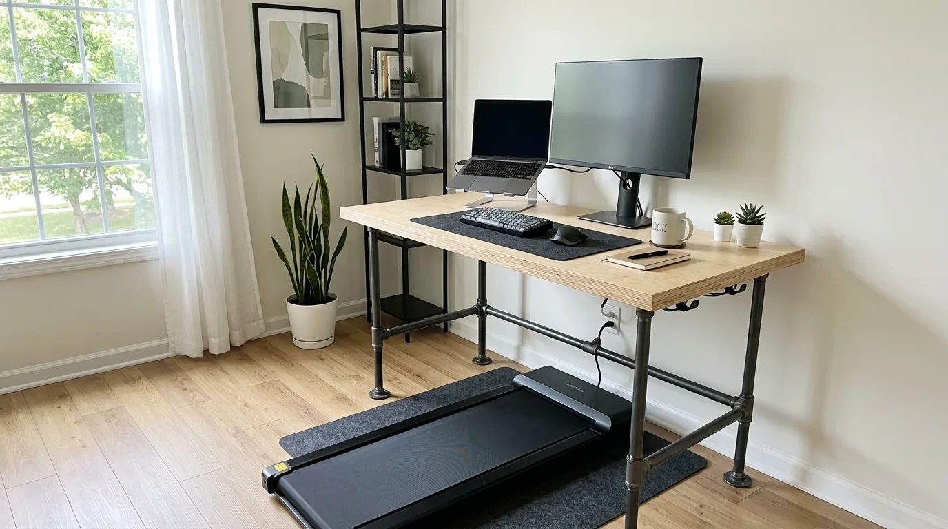 An industrial DIY standing desk with a pipe frame and wood top in a modern workspace, no people