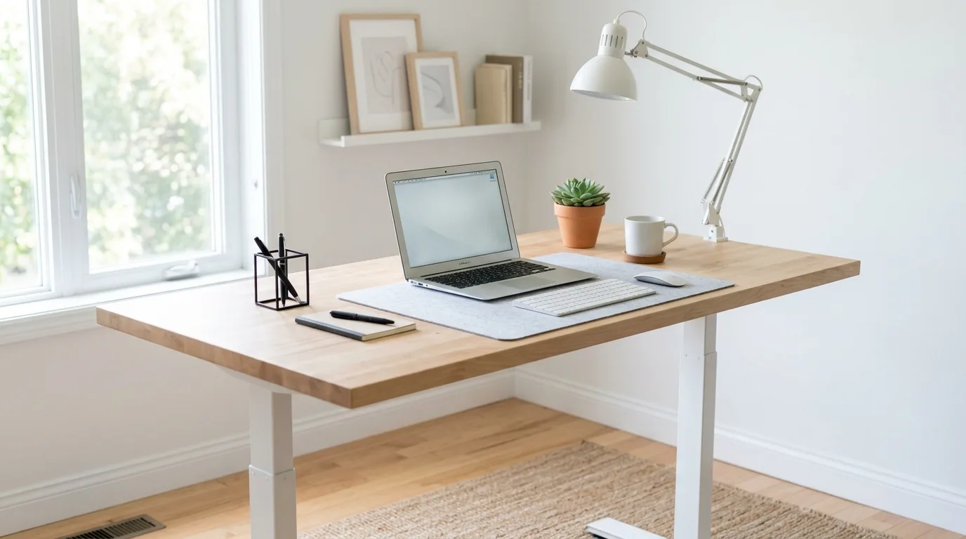A plywood DIY standing desk with built in shelf storage beneath the work surface, no people