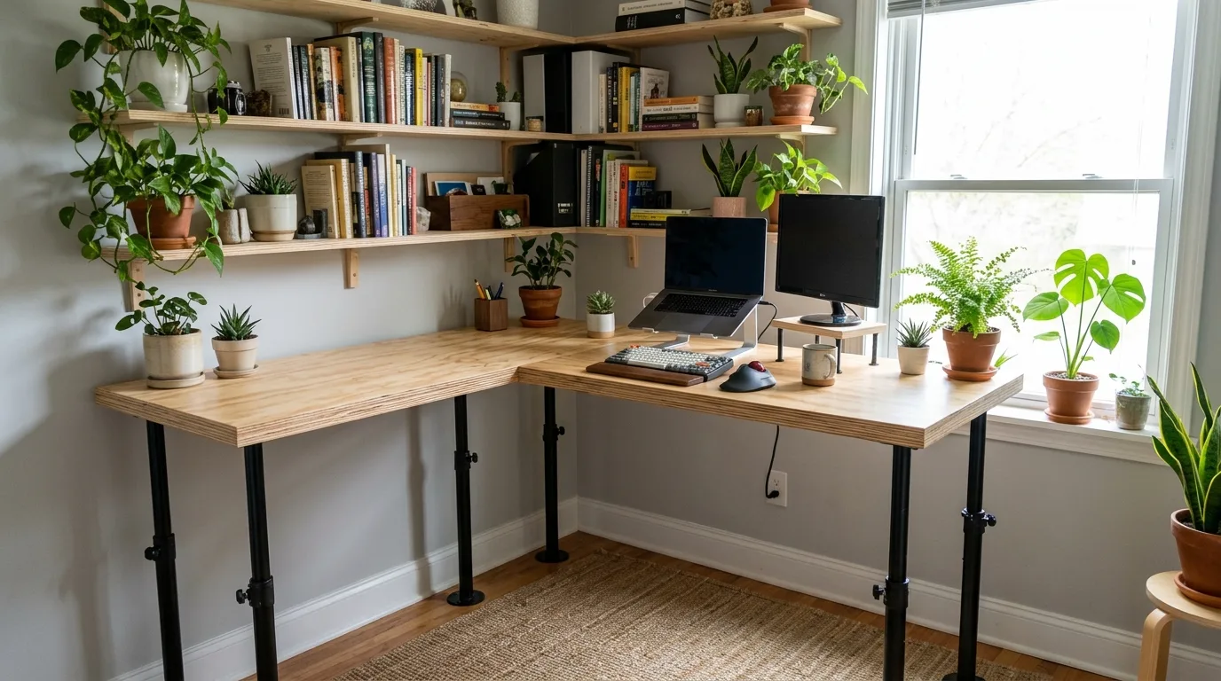 A convertible DIY sit stand desk with removable risers in a flexible work from home setup, no people