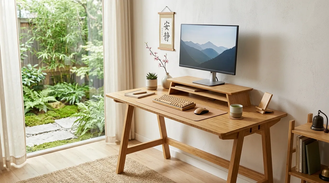 A compact DIY standing desk placed against a bedroom office wall with neat styling, no people