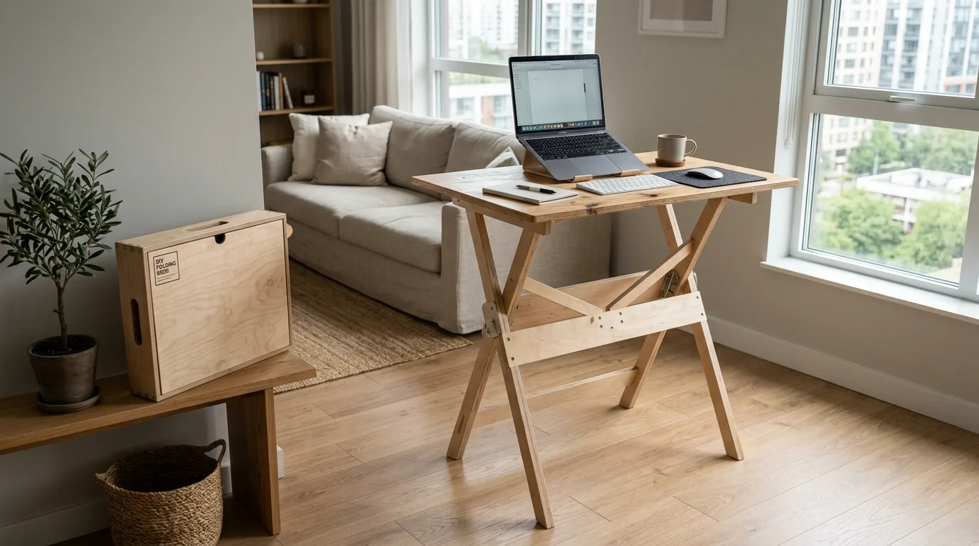 A DIY standing desk with a peg rail and upper shelf holding daily office tools, no people