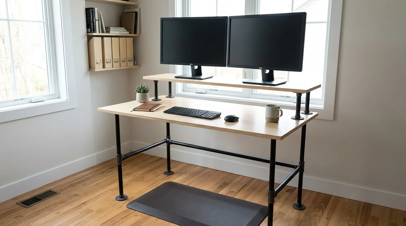 A butcher block DIY standing desk with hidden cable routing and a tidy monitor setup, no people