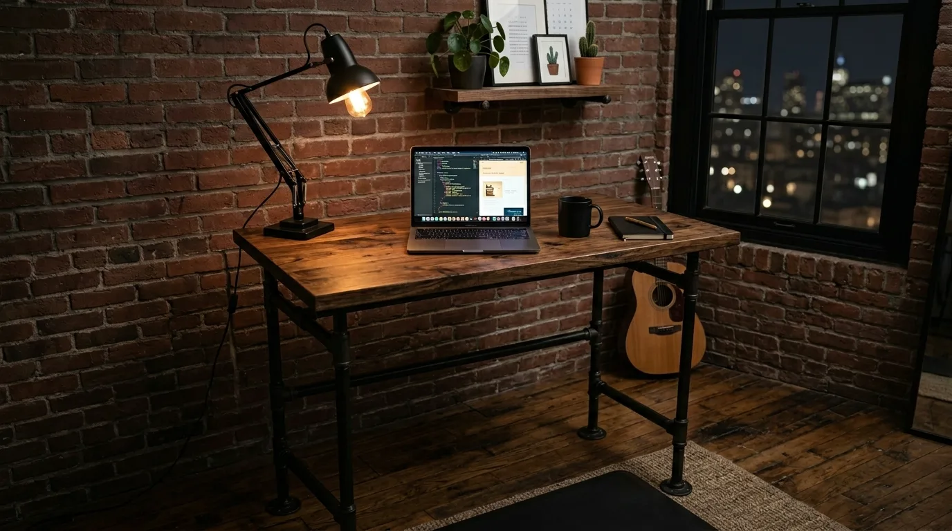 A shared two person DIY standing desk built along one wall in a coordinated home office, no people