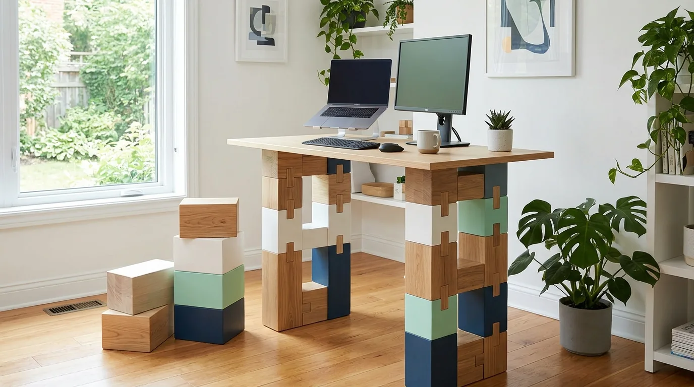 A DIY standing desk placed beside a bright window in a calm home office, no people