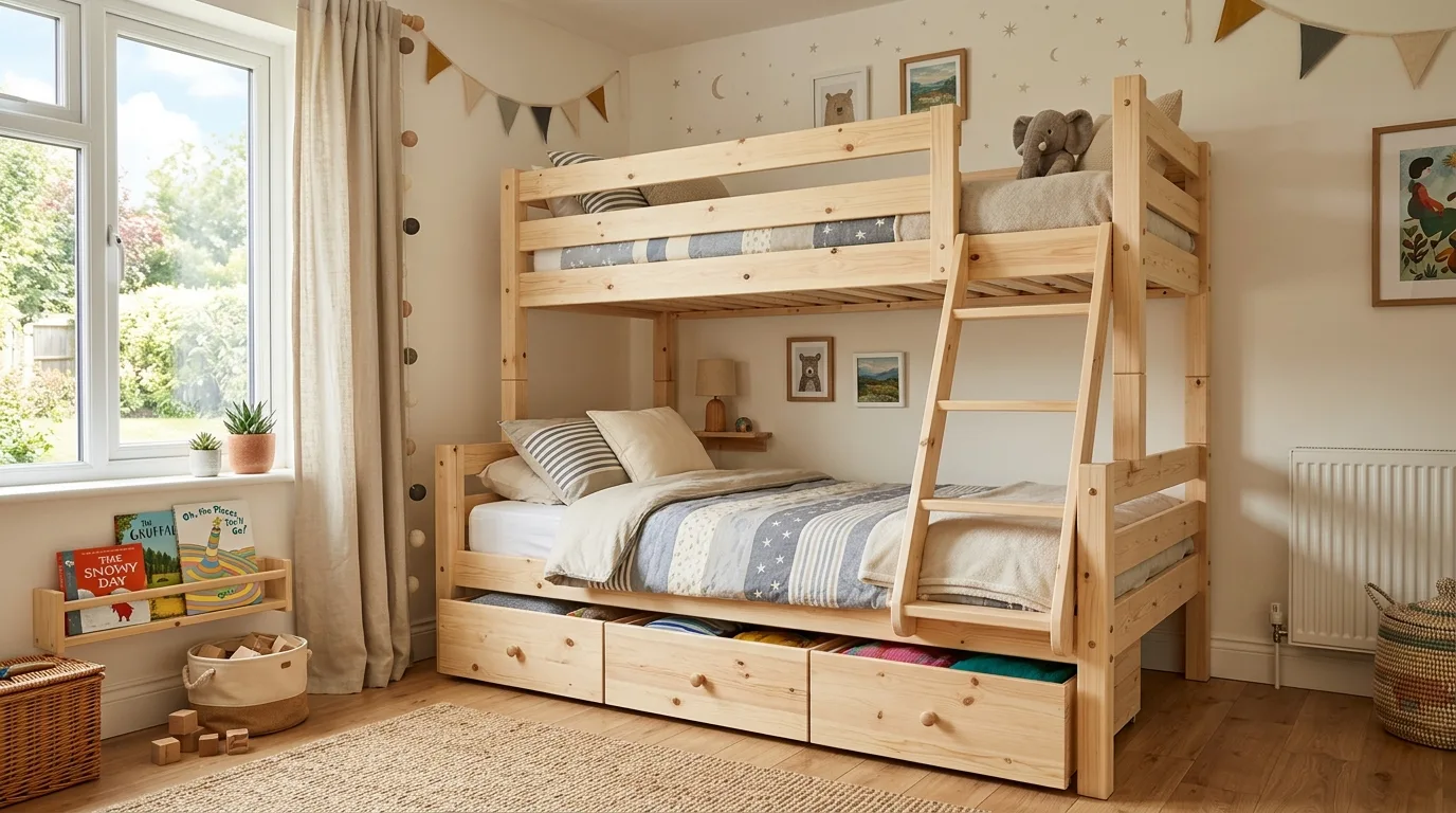 A built in DIY bunk bed with storage stairs and clean integrated wall styling in a kids room, no people