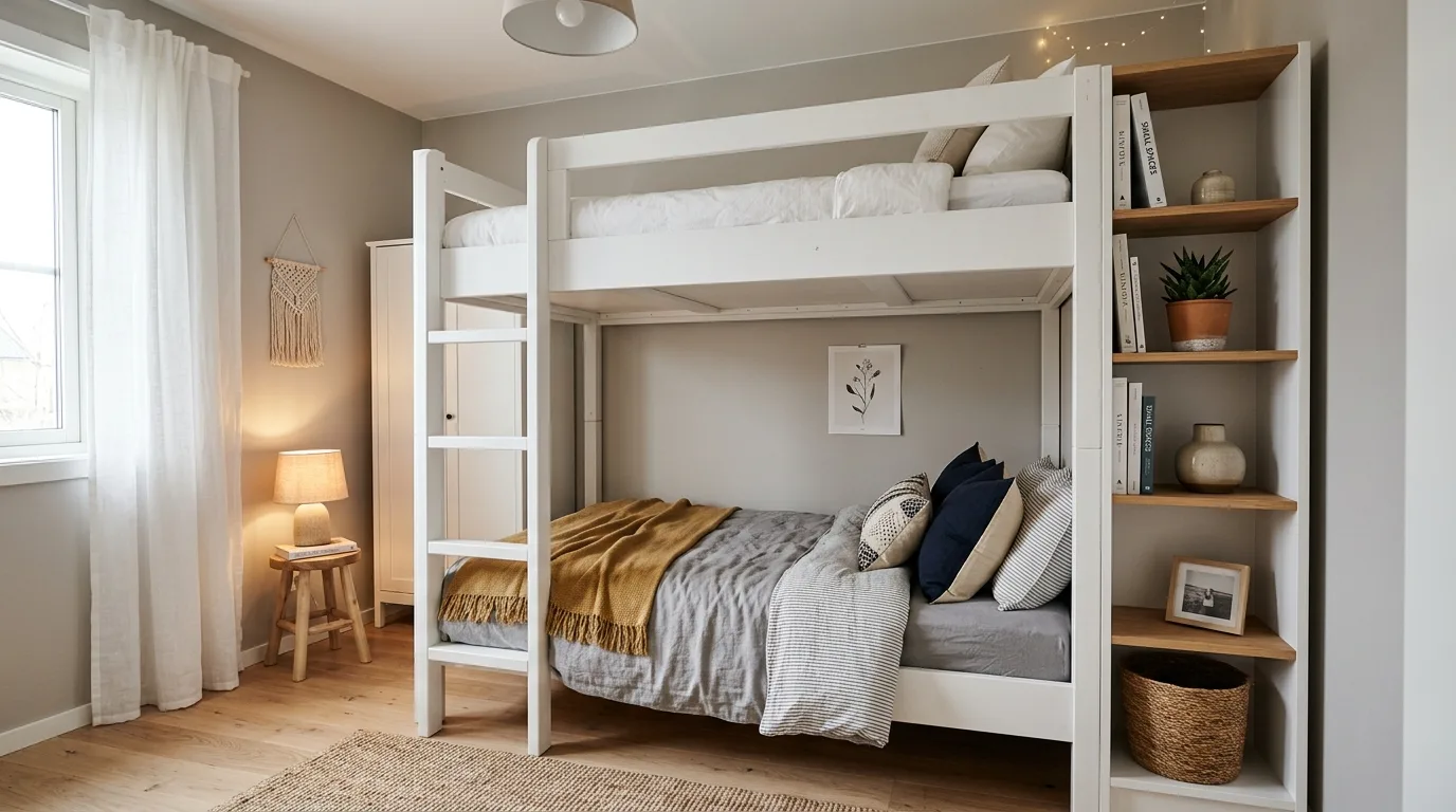 A simple low profile wooden DIY bunk bed in a compact bedroom with tidy styling, no people
