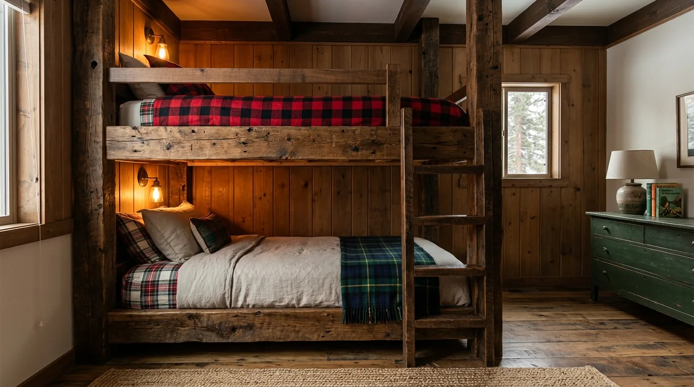 A rustic DIY bunk bed with warm wood grain and a cozy cabin inspired look in a guest room, no people