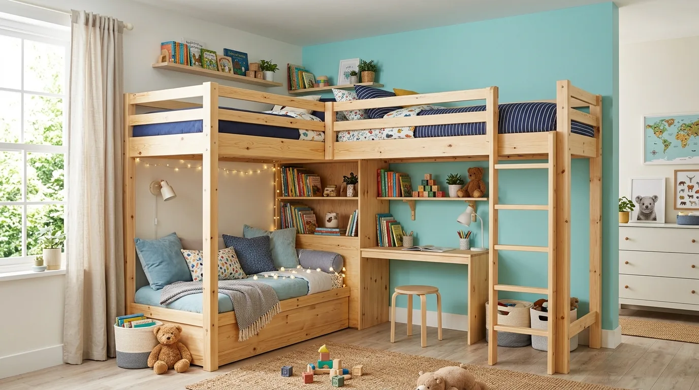 A twin over full DIY bunk bed in a family room setup with clean practical styling, no people