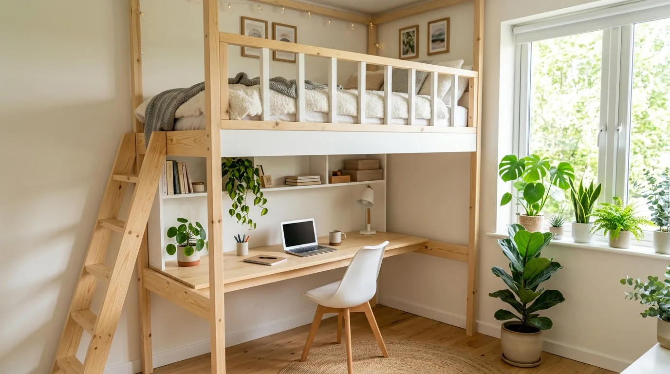 A DIY bunk bed with a cozy reading nook arranged beneath the upper bunk in a child friendly room, no people