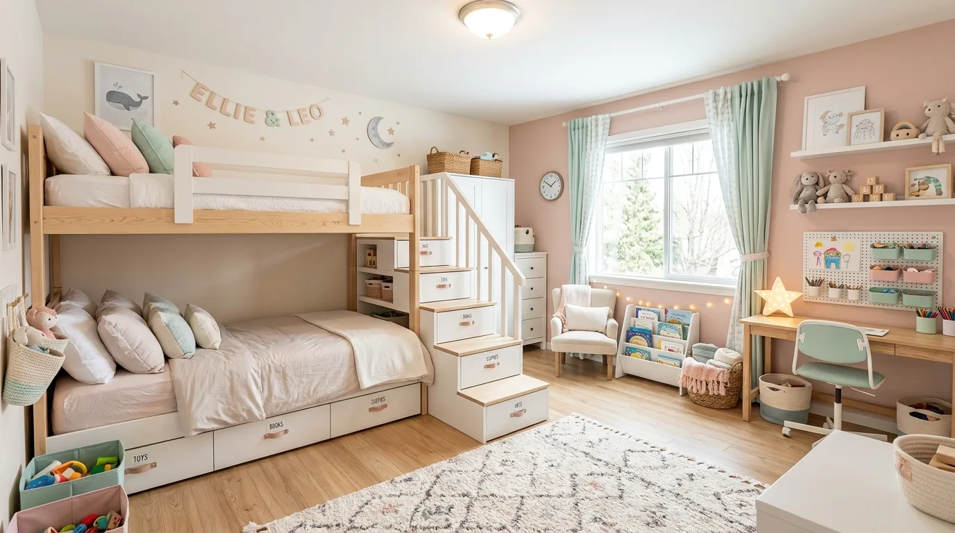 A corner style DIY bunk bed layout opening up the center of a small bedroom, no people