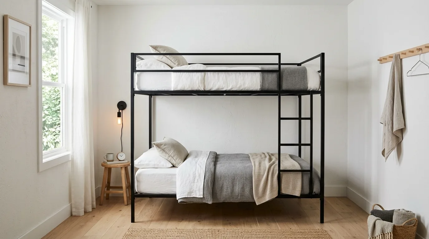 A DIY bunk bed with integrated slim ladder and sturdy guard rails in a neat kids bedroom, no people
