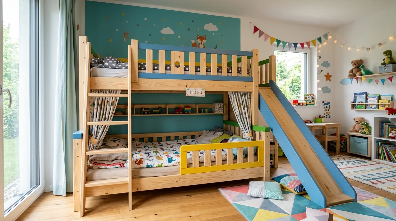 A painted DIY bunk bed with hidden storage drawers beneath the lower bunk in a tidy room, no people