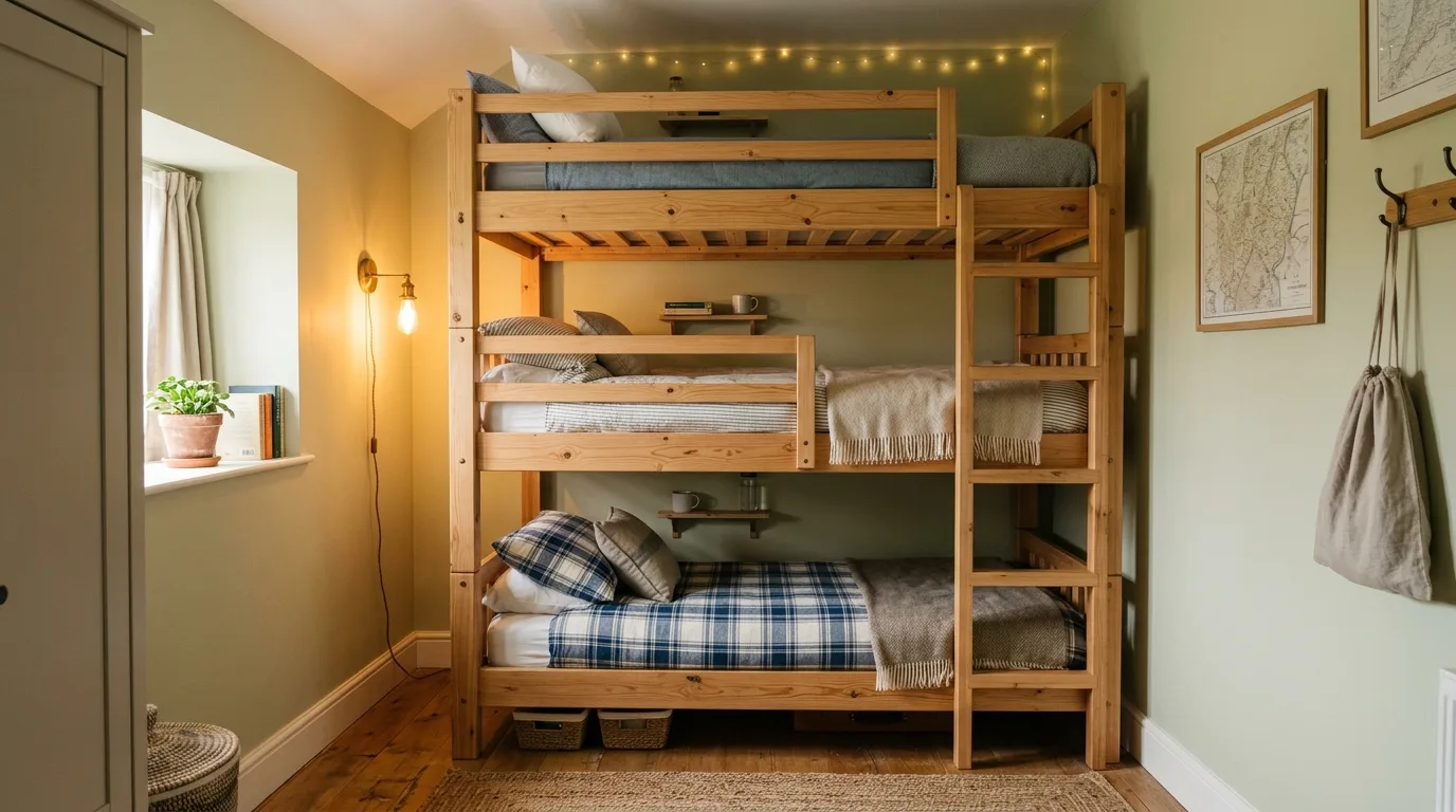 A DIY guest room bunk bed with hotel style bedding and wall sconces for a polished look, no people
