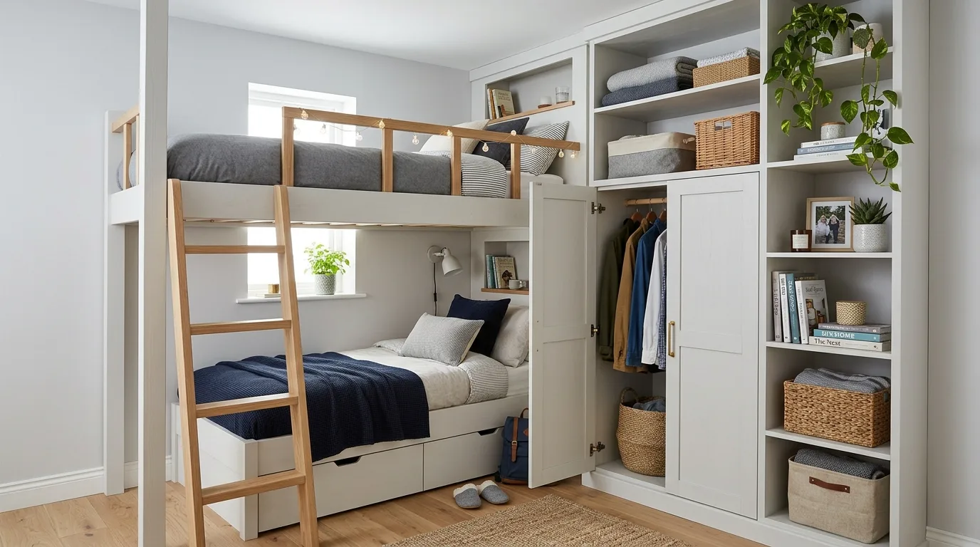 A loft style DIY bunk bed with a desk zone placed underneath in a small bedroom, no people