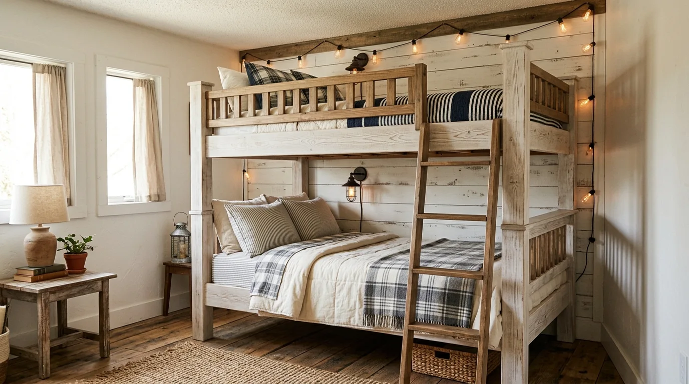 A farmhouse style DIY bunk bed with cross rail details and warm rustic bedroom decor, no people