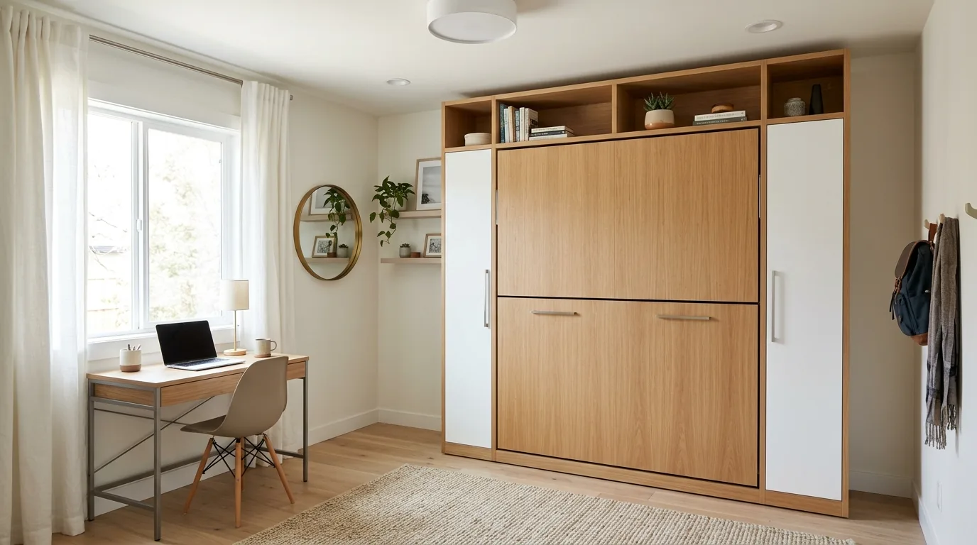A DIY bunk bed beside a window with built in shelves at the head of each bunk, no people