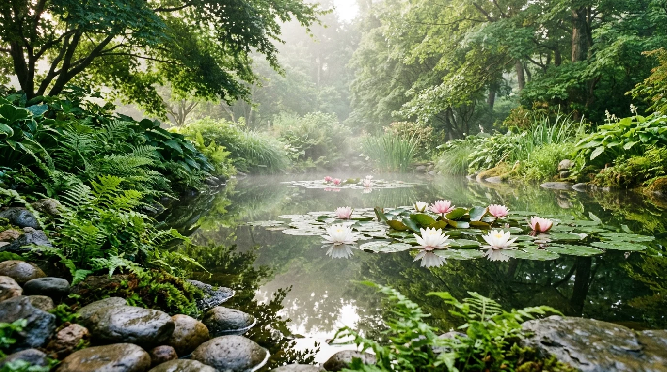 A serene backyard pond with still reflective water surrounded by smooth stones and lush green ferns, blooming water lilies floating on the surface, soft morning mist hovering above, diffused sunlight creating a calm atmosphere, captured from a low angle near water level, no people