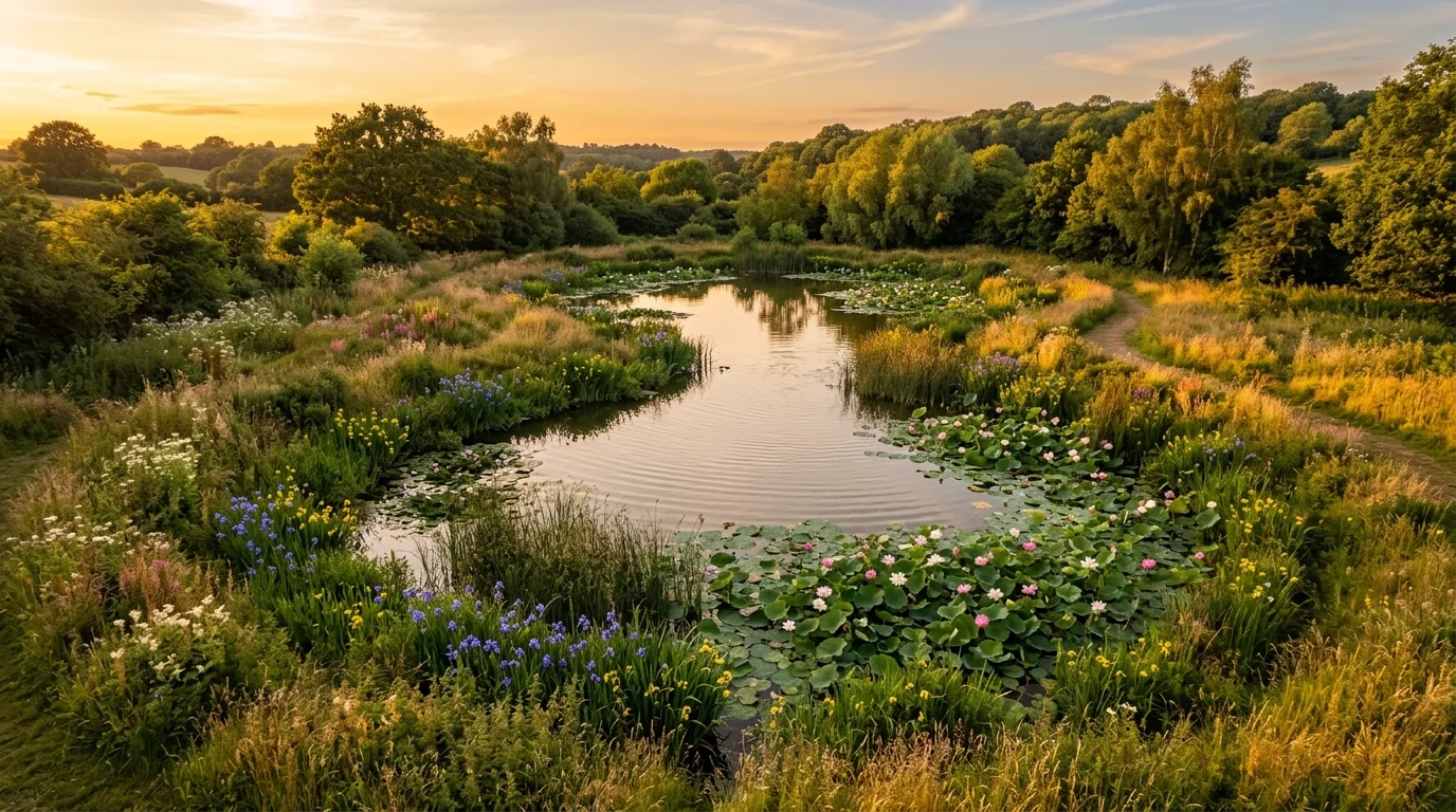 A naturalistic pond edged with wild grasses and colorful aquatic plants like irises and lotus flowers, gentle ripples across the water, warm golden hour light casting long shadows, photographed from a slightly elevated angle showing full layout, no people