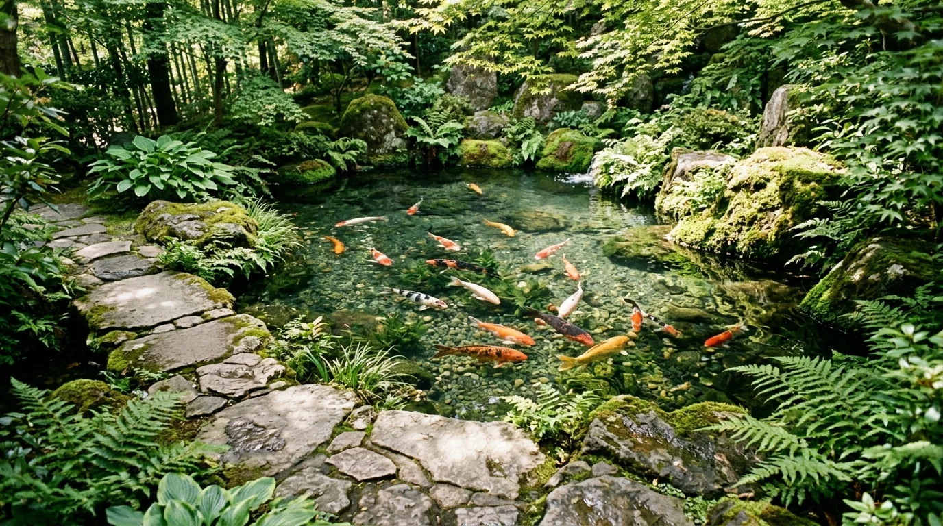 A small koi pond with crystal-clear water revealing colorful fish beneath, bordered by flat stepping stones and moss-covered rocks, soft filtered sunlight through nearby trees, tranquil mood, shot from a top-down angled perspective, no people