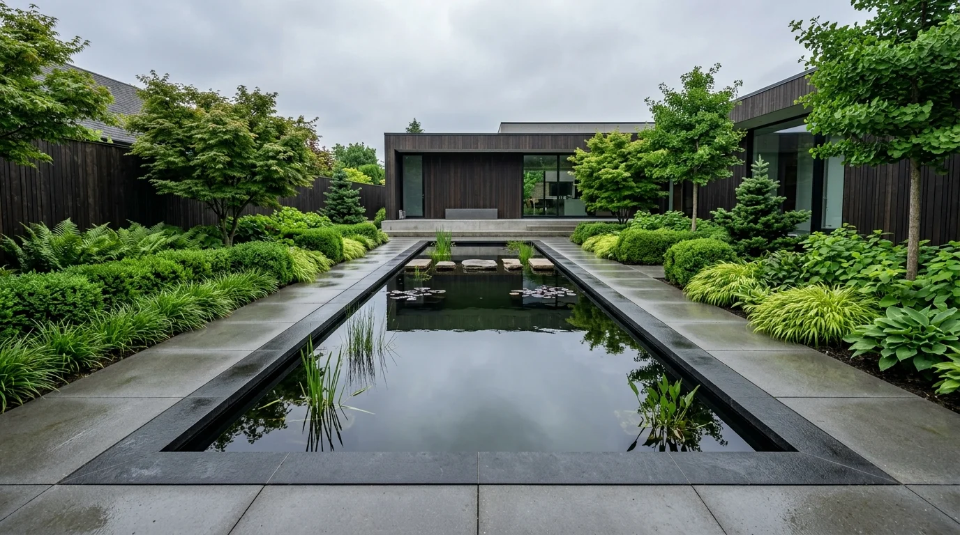 A modern minimalist backyard pond with clean rectangular edges, dark reflective water, surrounded by concrete slabs and neatly trimmed greenery, overcast lighting creating a sleek calm aesthetic, photographed from a straight-on wide angle, no people