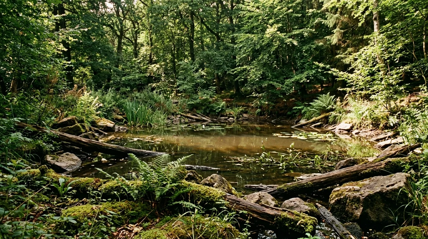 A rustic woodland-style pond nestled among dense foliage, fallen logs and natural rocks framing the water, dappled sunlight filtering through trees, earthy tones and peaceful ambiance, captured from a ground-level perspective, no people