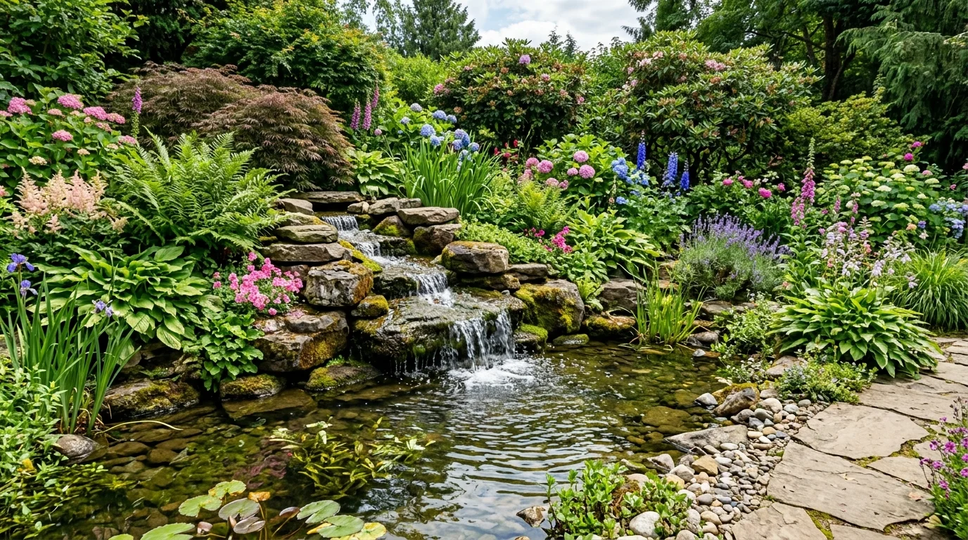 A backyard pond with a small cascading waterfall flowing over stacked stones, clear water creating soft ripples, surrounded by flowering plants and lush greenery, bright daylight enhancing textures, shot from a side angle capturing motion, no people