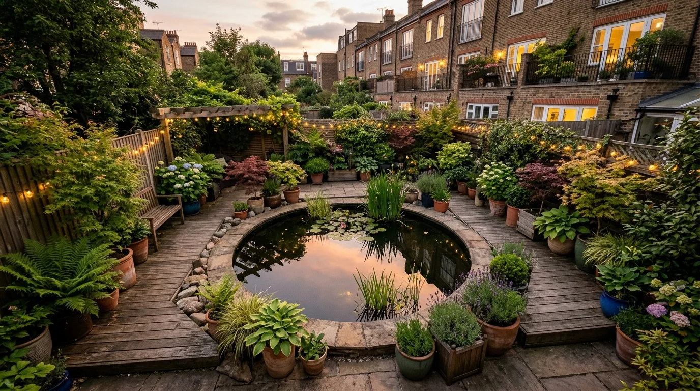 A compact urban backyard pond with a circular design, surrounded by potted plants and wooden decking, still water reflecting nearby structures, soft evening light creating a cozy atmosphere, photographed from a slightly elevated perspective, no people
