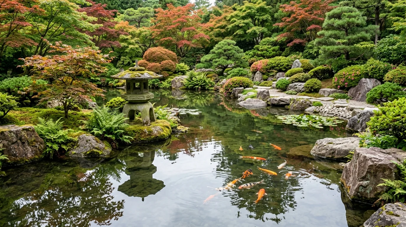 A Japanese-inspired garden pond with koi fish, stone lanterns, and carefully placed rocks, surrounded by manicured shrubs and maple trees, calm reflective surface, soft diffused light, captured from a balanced eye-level composition, no people