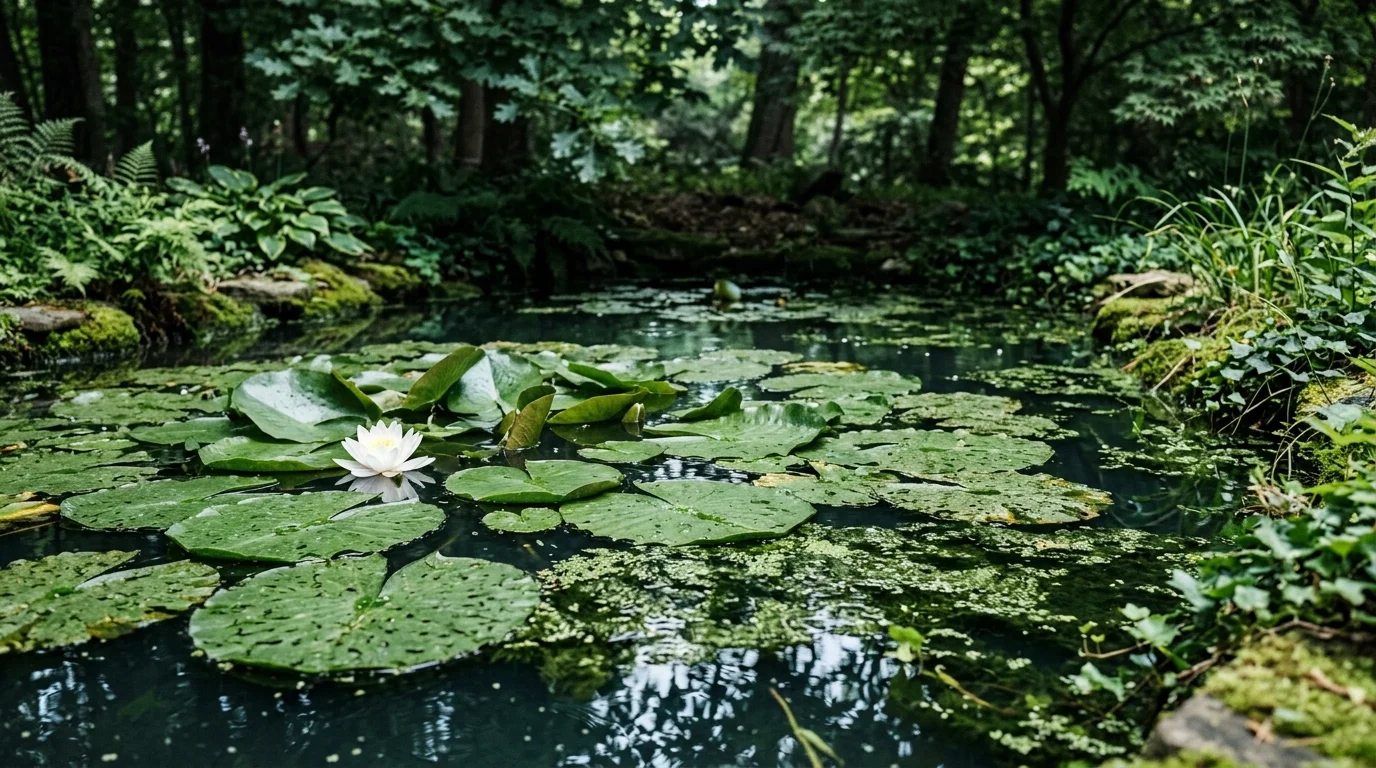 A shaded backyard pond under a canopy of trees, covered partially with floating lily pads and soft green algae textures, cool tones dominating the scene, gentle light filtering through leaves, close-up shot focusing on surface details, no people