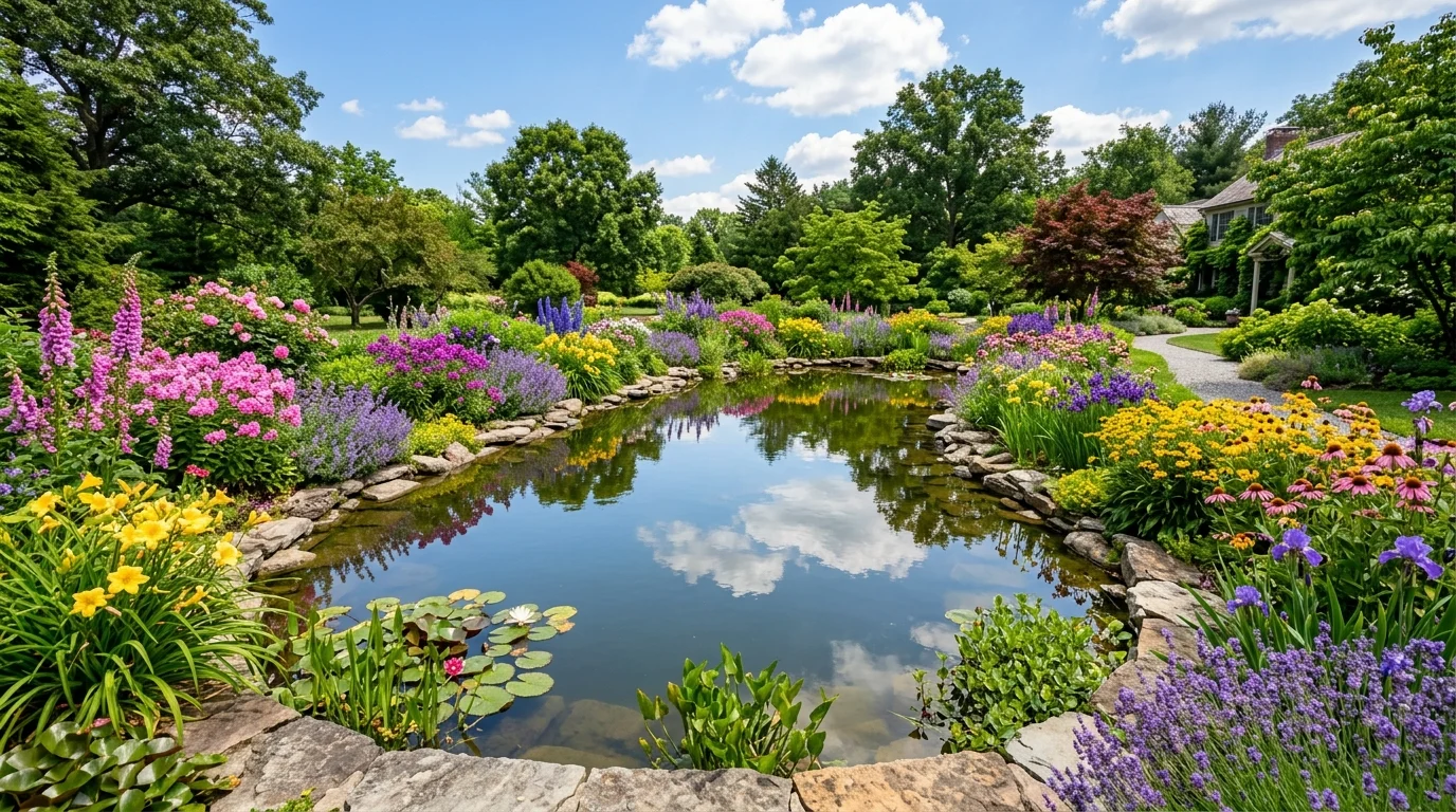 A wide backyard pond surrounded by vibrant flowering plants in shades of pink, purple, and yellow, reflections of blooms visible in water, bright midday sunlight enhancing colors, photographed from a wide-angle perspective, no people