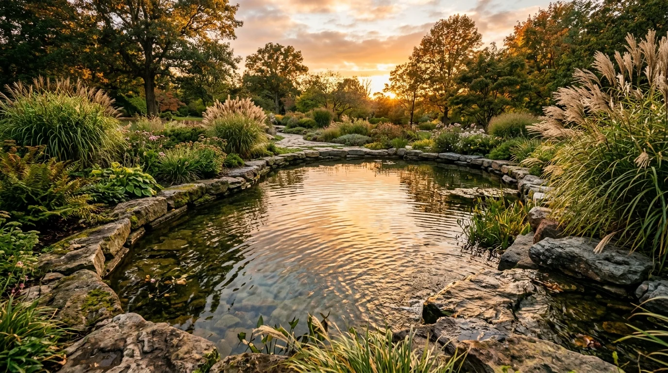 A natural rock-lined pond with clear water and subtle ripples, bordered by ornamental grasses and low shrubs, warm sunset lighting creating a golden reflection on the surface, shot from a low side angle, no people