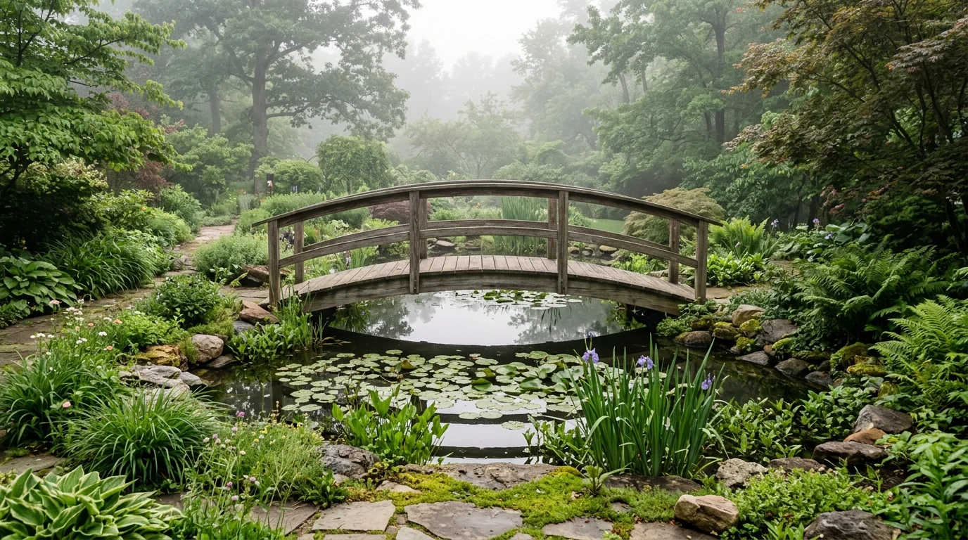 A backyard pond with a wooden bridge arching gently over the water, aquatic plants beneath and along the edges, soft morning light with light fog in the background, peaceful composition, captured from a centered perspective, no people