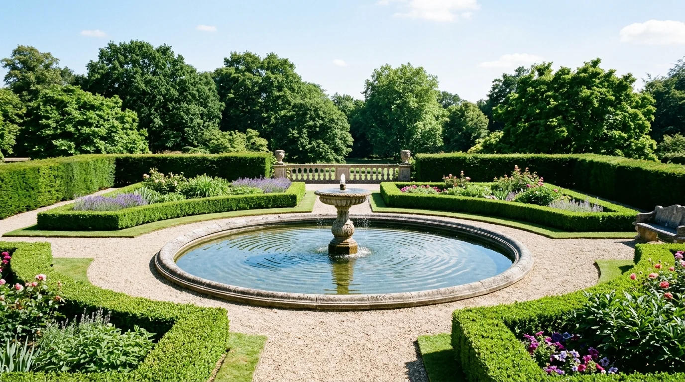 A small tranquil pond with a stone fountain in the center creating circular ripples, surrounded by symmetrical landscaping and trimmed hedges, bright daylight with crisp shadows, photographed from a slightly elevated angle, no people