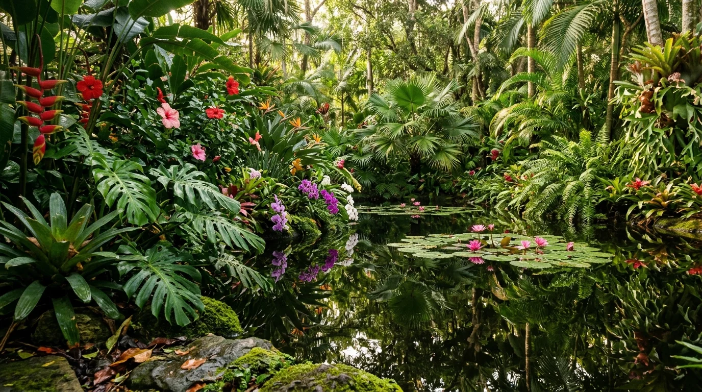 A lush tropical-style pond with dense greenery, large leaves and vibrant flowers surrounding still water, reflections of foliage creating depth, warm humid atmosphere, soft filtered sunlight, captured from a close angled perspective, no people