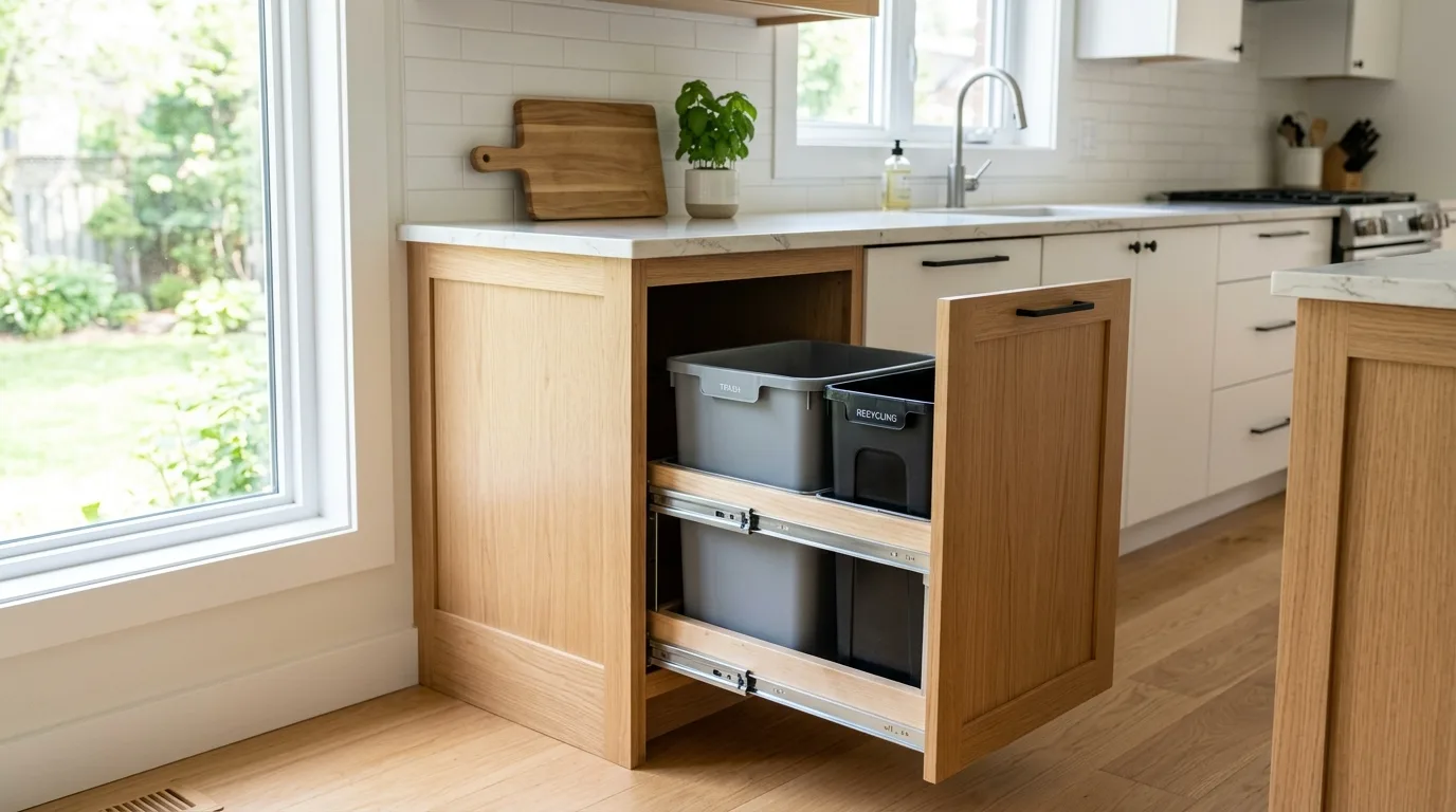 A hidden pull out kitchen trash can concealed behind a shaker cabinet front in a tidy kitchen, no people