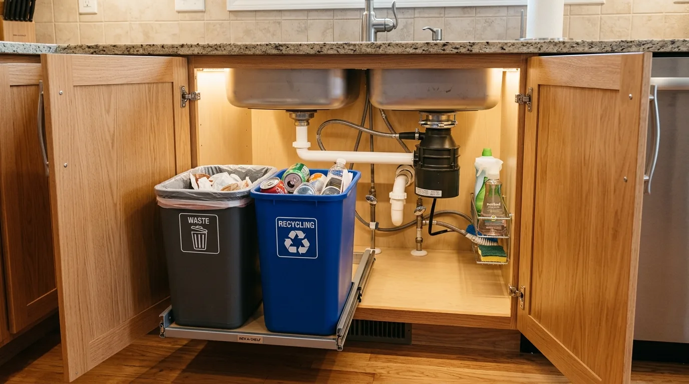 A double bin DIY cabinet trash can setup for trash and recycling inside a kitchen cabinet, no people