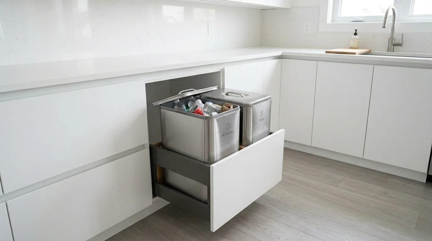 A narrow slide out hidden trash can installed beside a kitchen sink base cabinet, no people