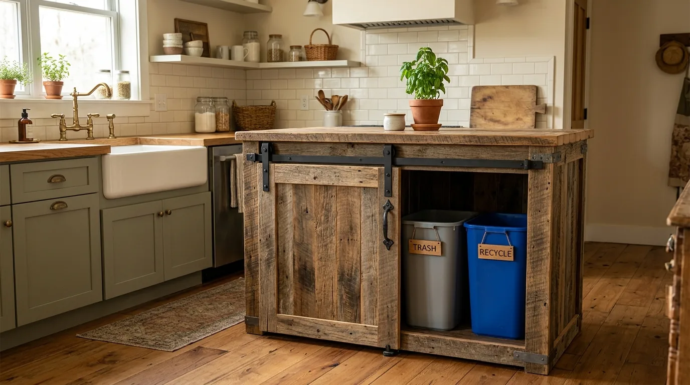 A compact tilt out cabinet trash can built into a small kitchen base cabinet, no people