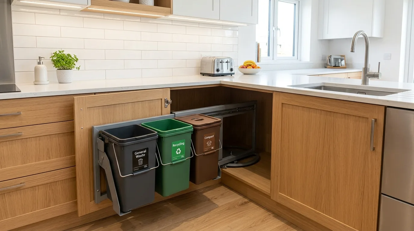 A hidden trash can cabinet with a butcher block prep top above it in a practical kitchen layout, no people