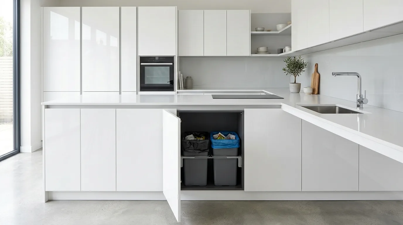 A DIY cabinet trash can on full extension drawer slides with accessible bag storage in a kitchen, no people
