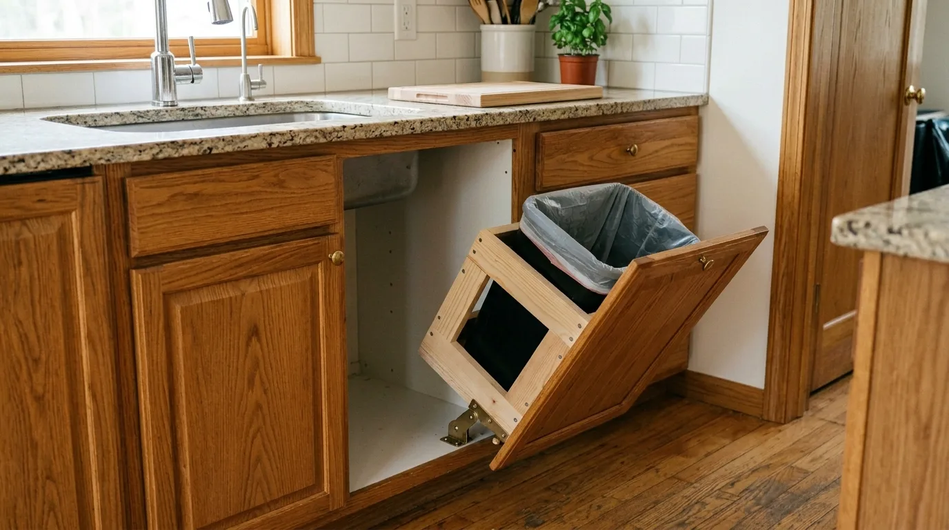 A farmhouse style hidden cabinet trash can with a beadboard front in a cozy kitchen, no people