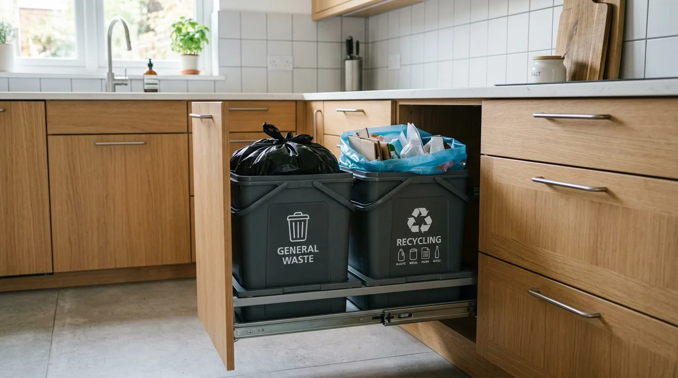 A modern hidden trash pull out with a flat panel cabinet front and black hardware in a sleek kitchen, no people
