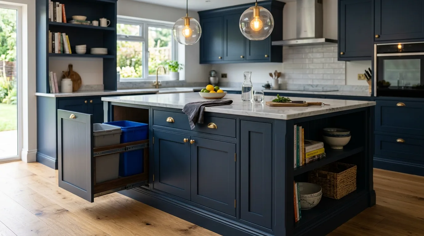 A corner cabinet DIY trash can solution built into an awkward lower kitchen cabinet, no people