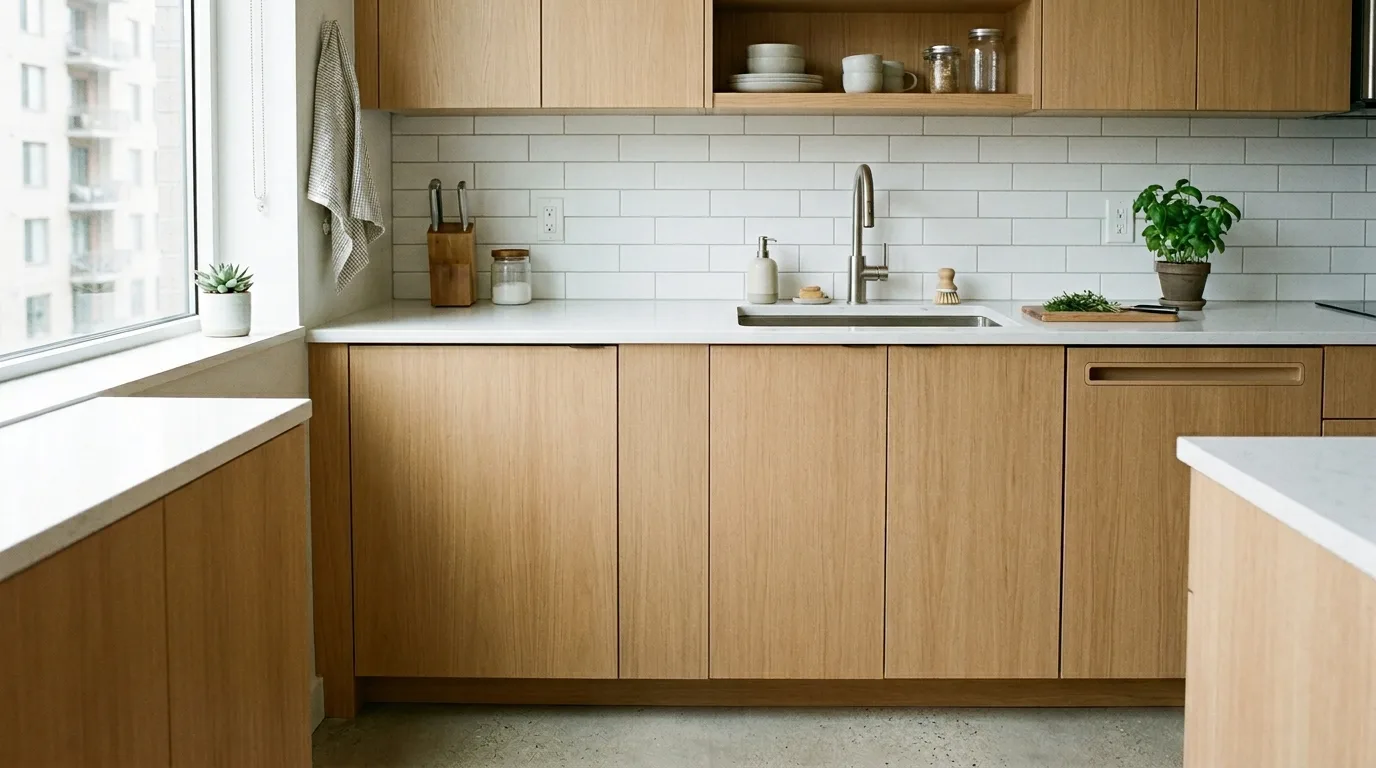 A hidden cabinet trash can with an upper drawer for bags and cleaners in a neat kitchen, no people